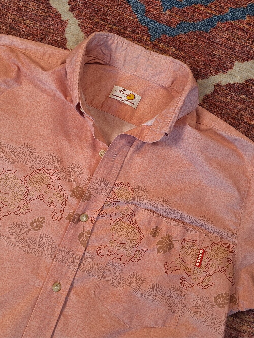 RARE Mango House Okinawa Original Kariyushi Shirt Shisa Lion Dog Heather Red M